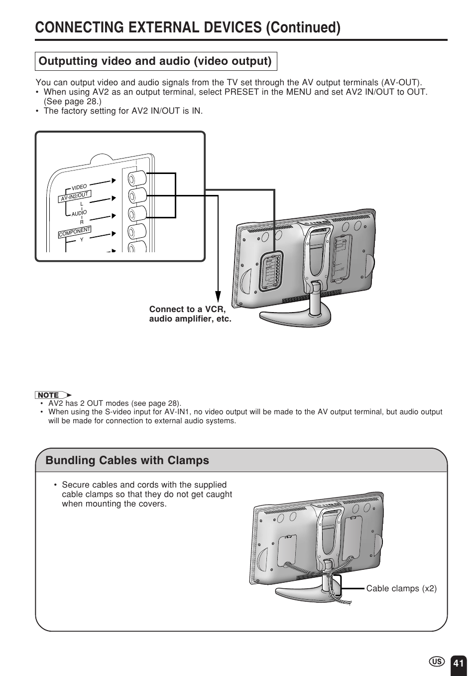 Connecting external devices (continued), Outputting video and audio (video output), Bundling cables with clamps | Sharp Aquos LC 22SV2U User Manual | Page 42 / 49