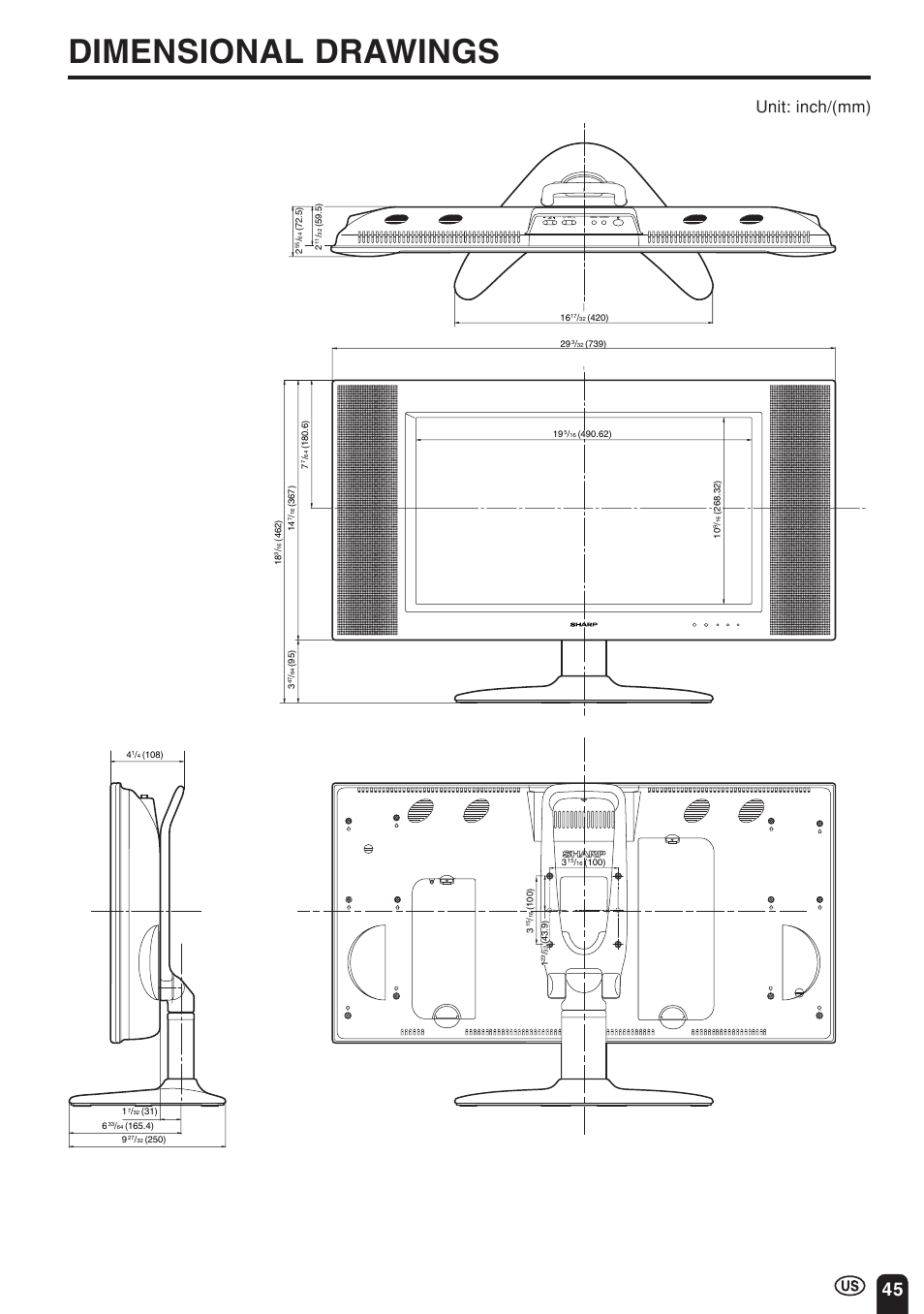 Dimensional drawings, Unit: inch/(mm) | Sharp Aquos LC 22SV2U User Manual | Page 46 / 49