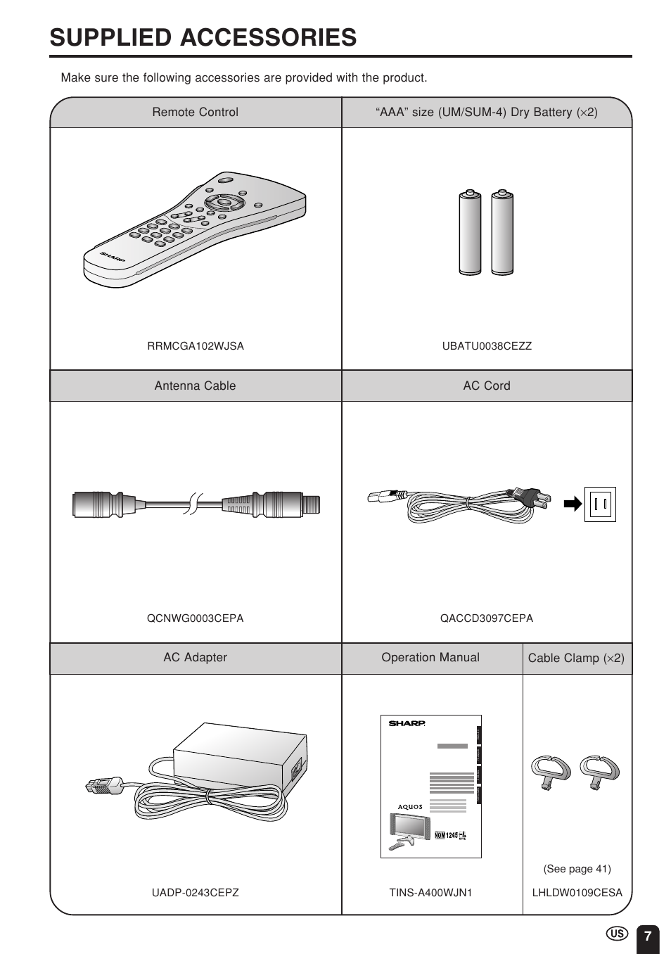 Supplied accessories, Cable clamp ( × 2), Operation manual remote control | Sharp Aquos LC 22SV2U User Manual | Page 8 / 49