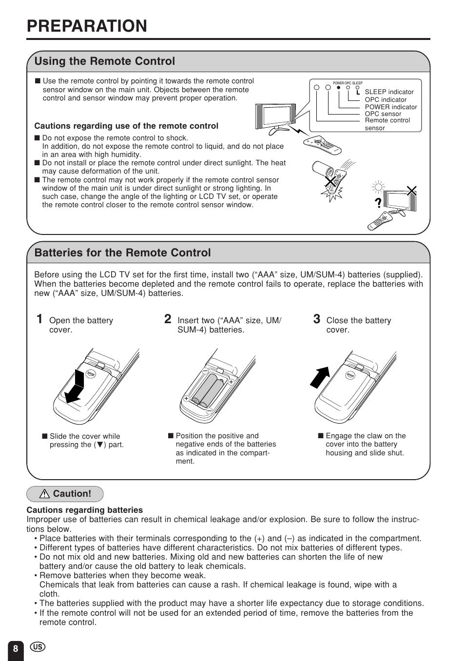 Preparation, Batteries for the remote control, Using the remote control | Sharp Aquos LC 22SV2U User Manual | Page 9 / 49