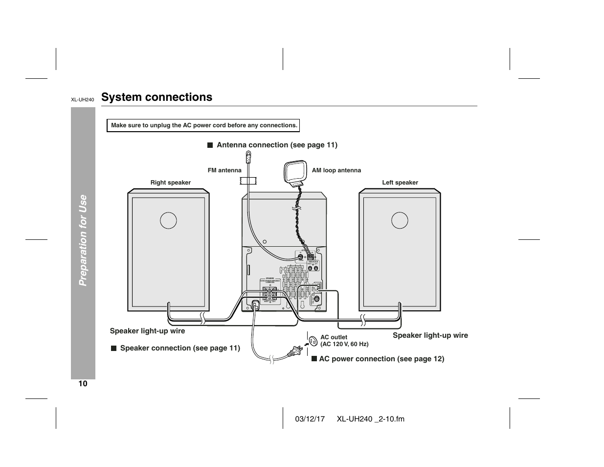 System connections, Preparation for use, Speaker connection (see page 11) | Sharp XL-UH240 User Manual | Page 10 / 40