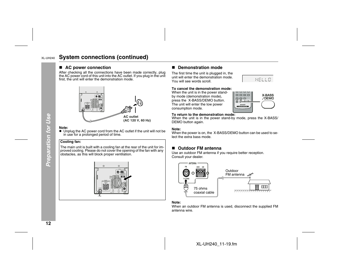 Preparation for use system connections (continued) | Sharp XL-UH240 User Manual | Page 12 / 40