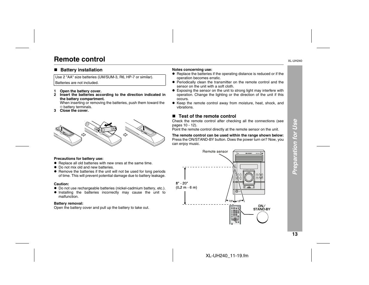 Remote control, Preparation for use | Sharp XL-UH240 User Manual | Page 13 / 40