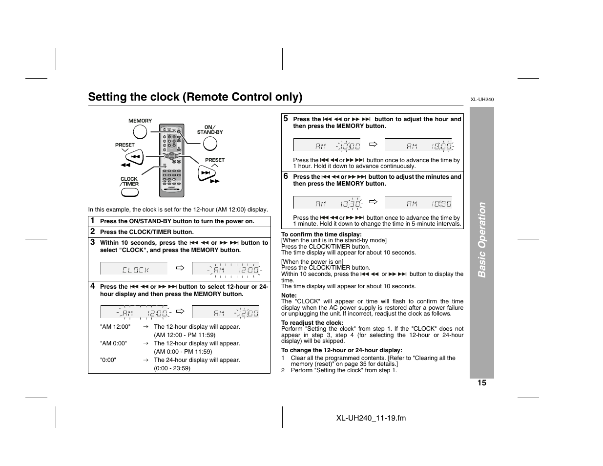 Setting the clock (remote control only), Basic operation | Sharp XL-UH240 User Manual | Page 15 / 40