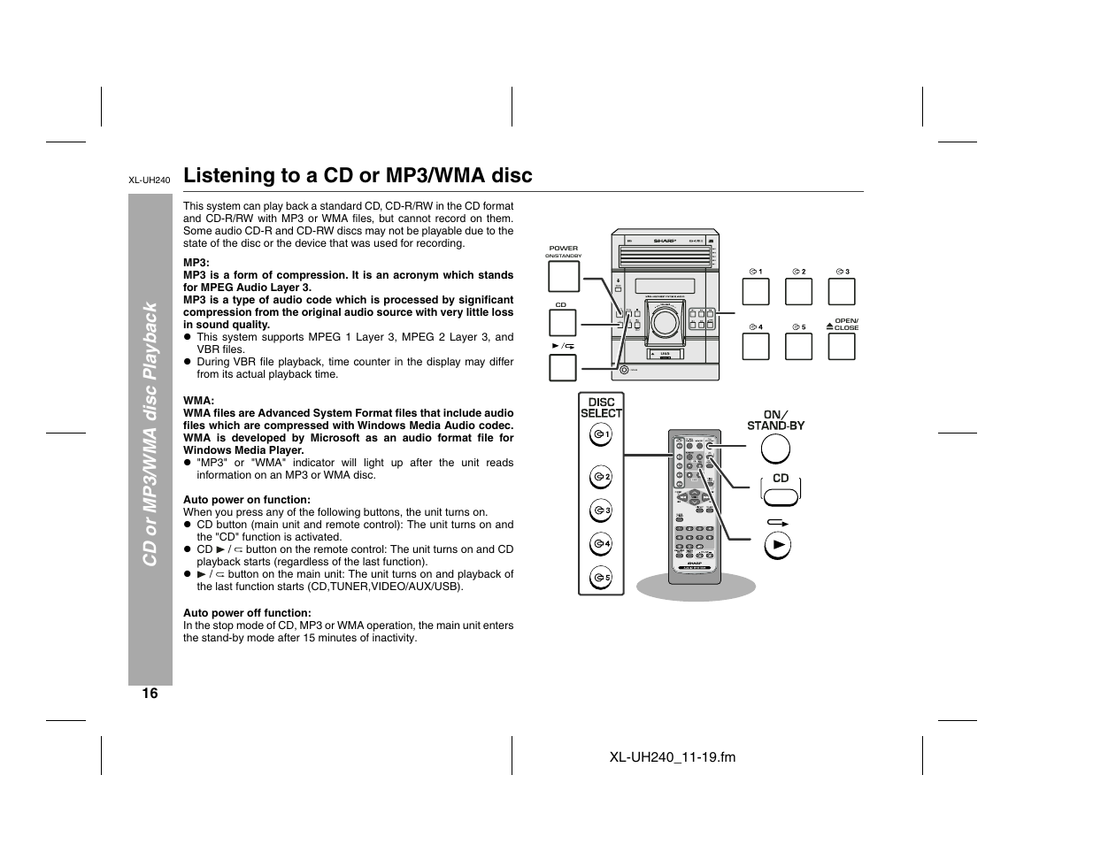 Listening to a cd or mp3/wma disc, Cd or mp3/wma disc playback | Sharp XL-UH240 User Manual | Page 16 / 40