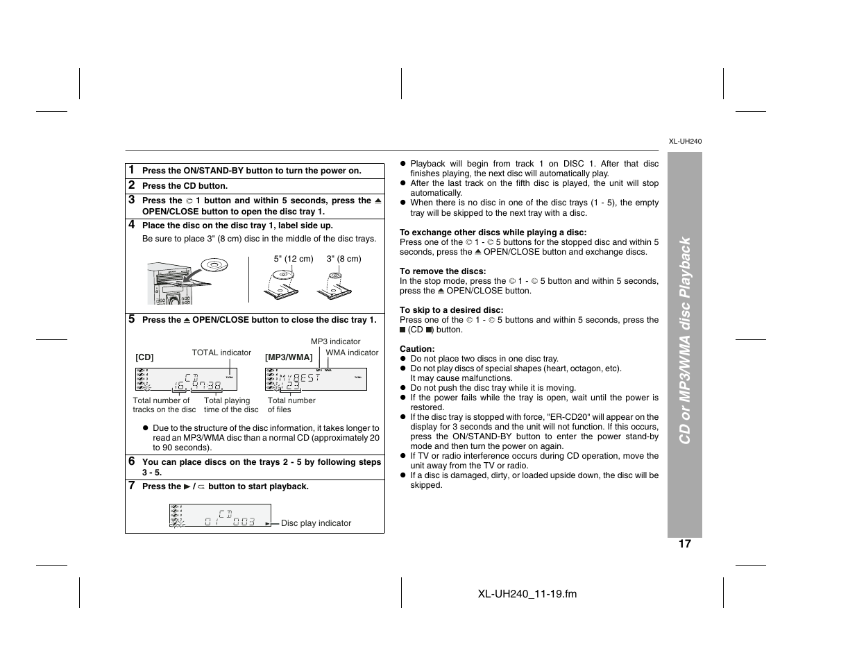 Cd or mp3/wma disc playback | Sharp XL-UH240 User Manual | Page 17 / 40