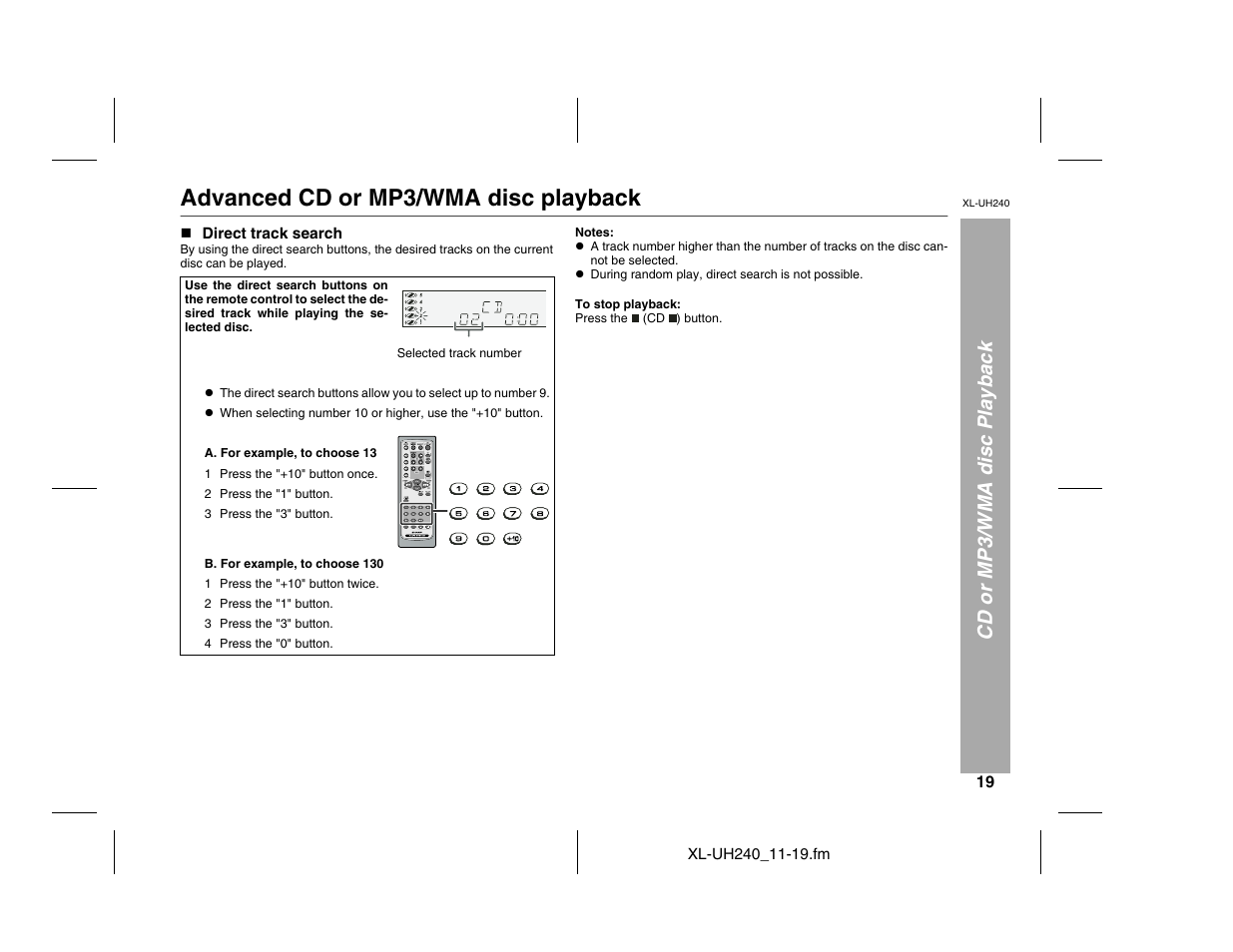 Advanced cd or mp3/wma disc playback, Cd or mp3/wma disc playback | Sharp XL-UH240 User Manual | Page 19 / 40