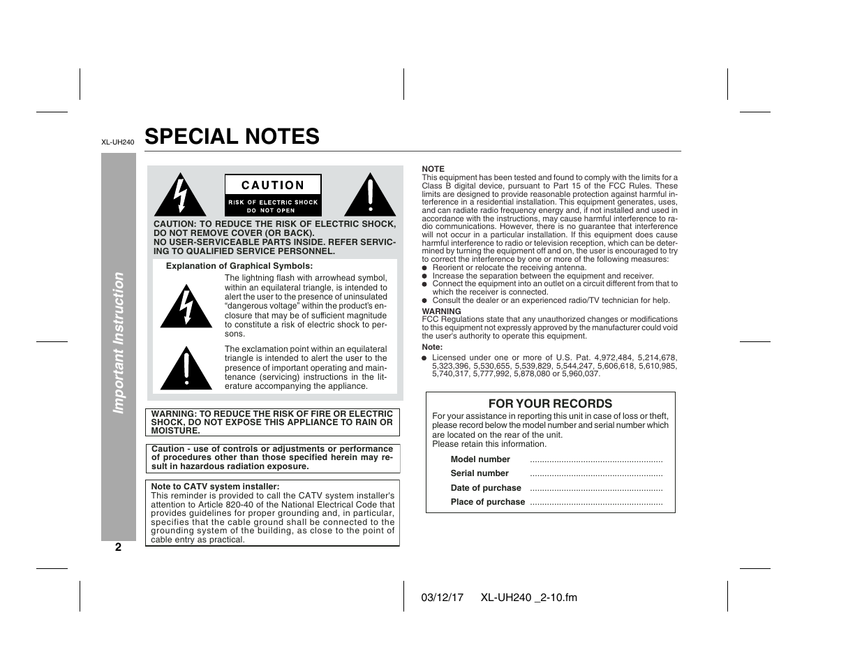 Important instruction | Sharp XL-UH240 User Manual | Page 2 / 40