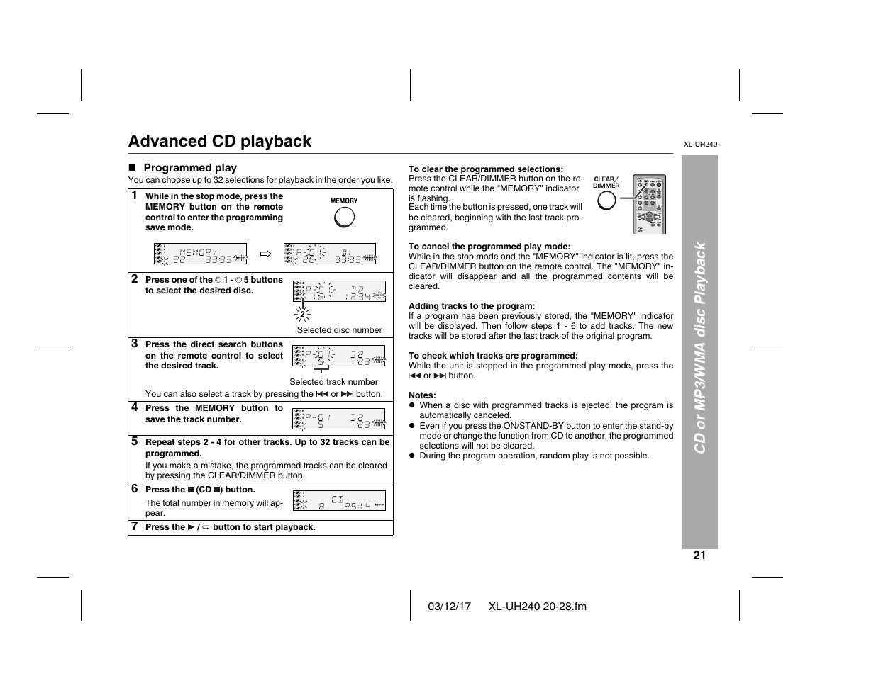 Advanced cd playback, Cd or mp3/wma disc playback | Sharp XL-UH240 User Manual | Page 21 / 40