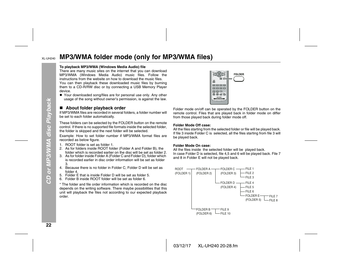 Mp3/wma folder mode (only for mp3/wma files), Cd or mp3/wma disc playback | Sharp XL-UH240 User Manual | Page 22 / 40