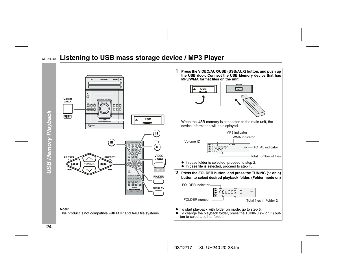 Listening to usb mass storage device / mp3 player | Sharp XL-UH240 User Manual | Page 24 / 40