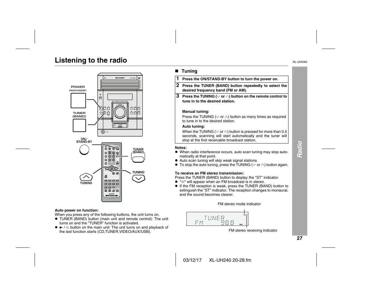 Listening to the radio, Radio | Sharp XL-UH240 User Manual | Page 27 / 40