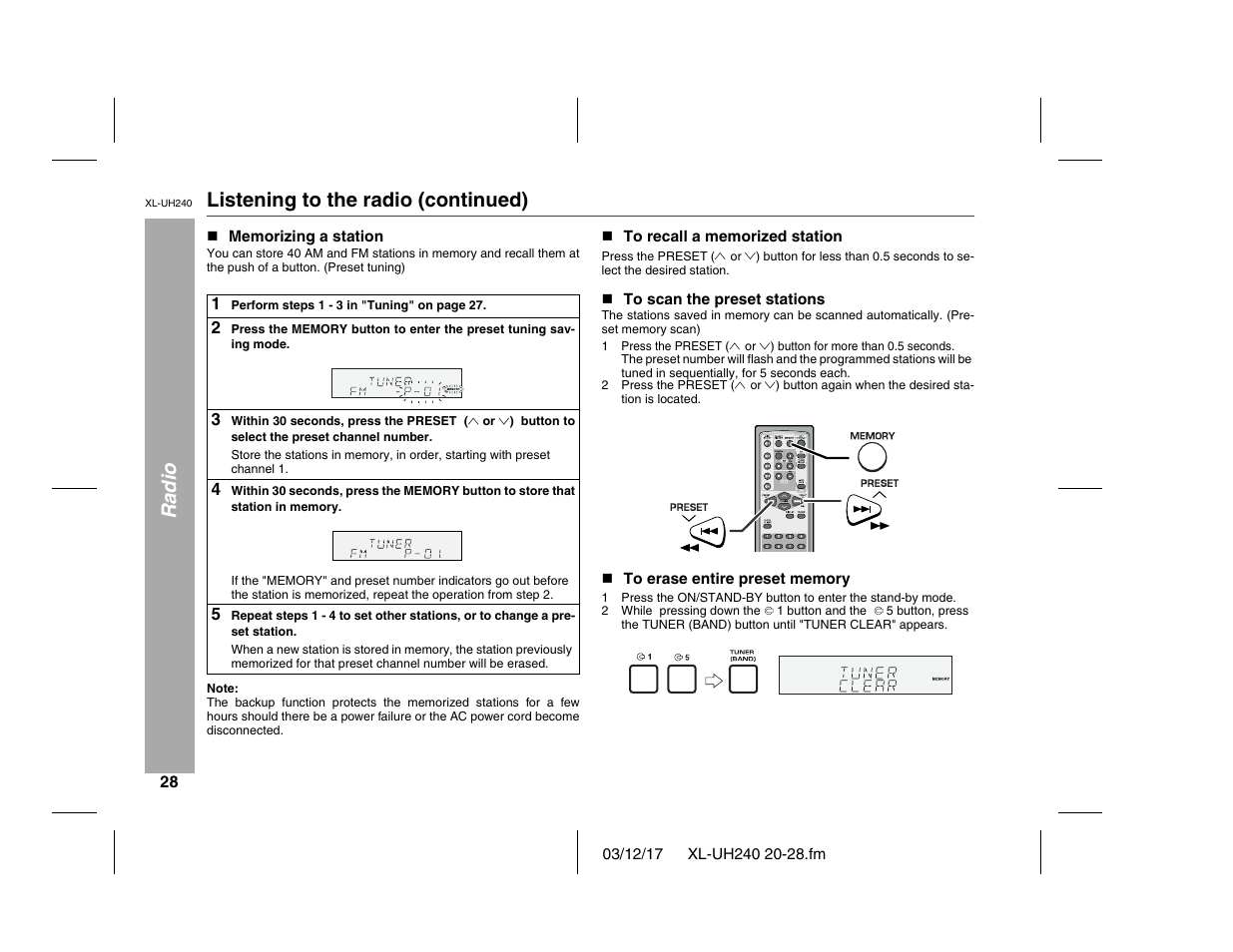 Radio listening to the radio (continued) | Sharp XL-UH240 User Manual | Page 28 / 40