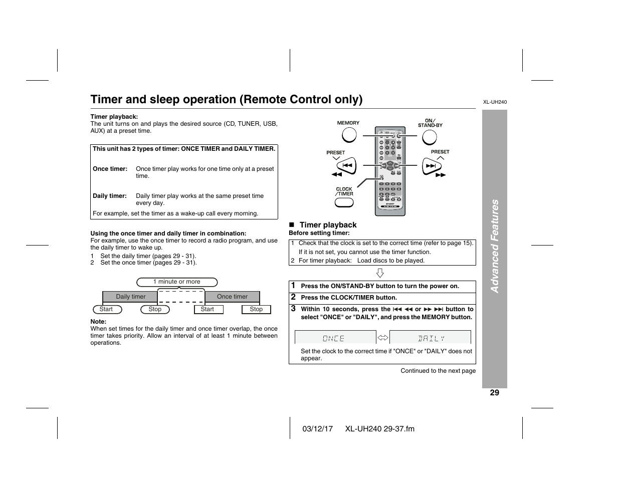 Timer and sleep operation (remote control only), Advanced features | Sharp XL-UH240 User Manual | Page 29 / 40