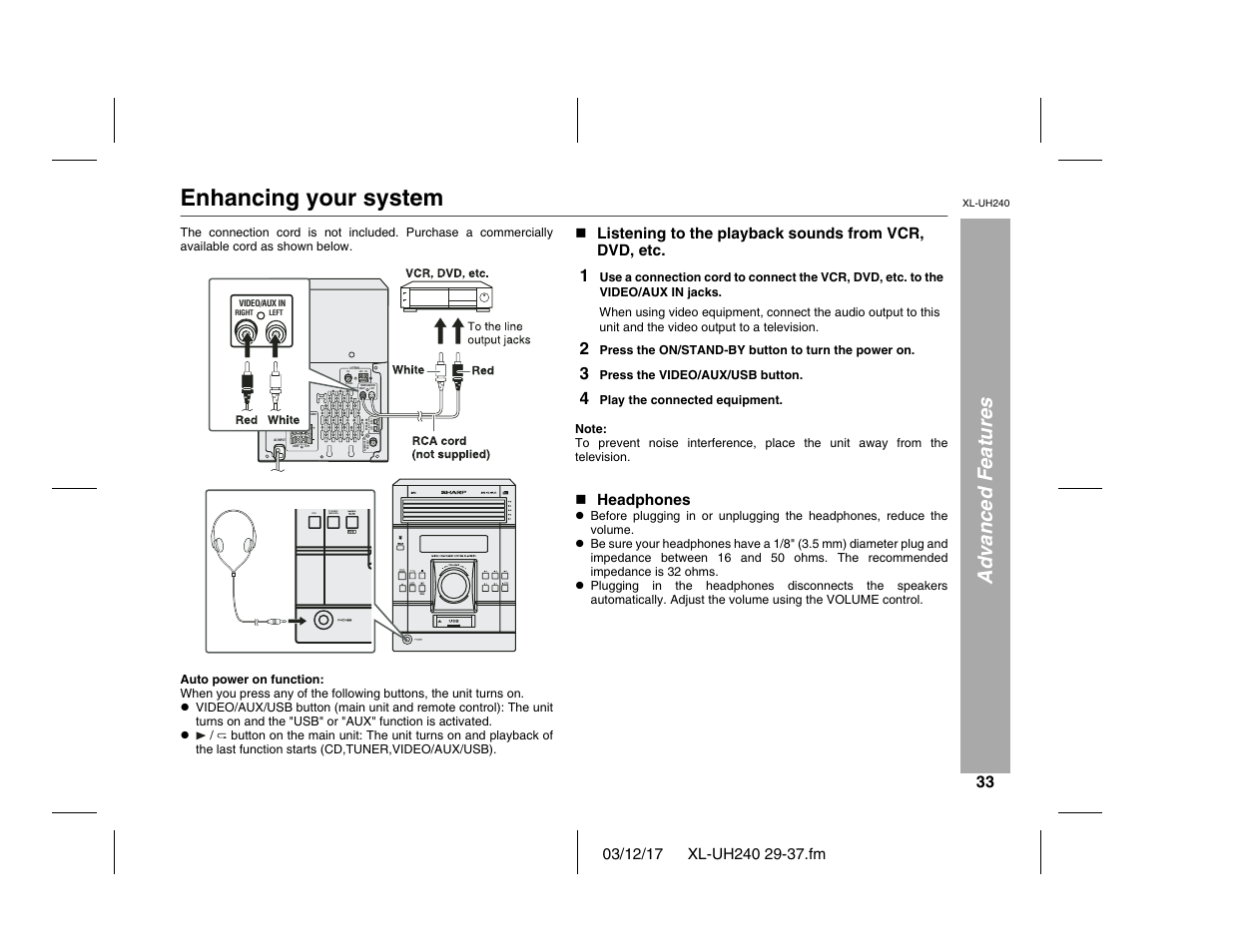 Enhancing your system, Advanced features, Right left | Left right speakers l ig h t -u p, Fm 75 ohms am gnd subwoofer pre-out, Cd tuner (band) | Sharp XL-UH240 User Manual | Page 33 / 40