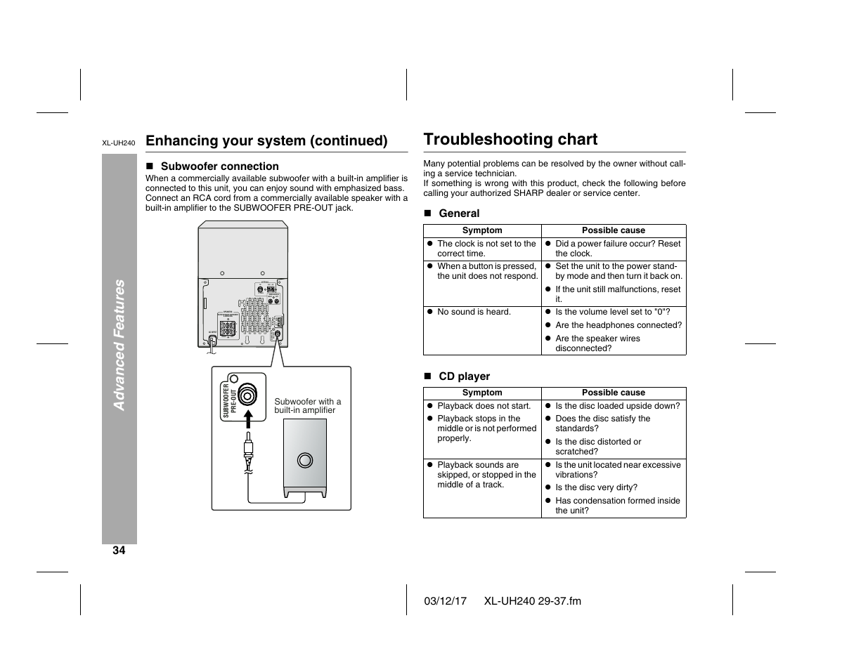 Troubleshooting chart, Right left, Left right speakers l ig h t -u p | Fm 75 ohms am gnd subwoofer pre-out | Sharp XL-UH240 User Manual | Page 34 / 40