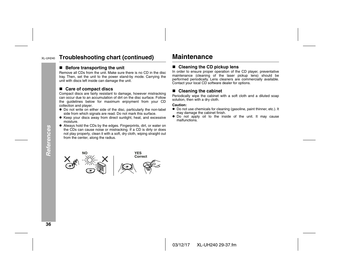 Maintenance, References troubleshooting chart (continued) | Sharp XL-UH240 User Manual | Page 36 / 40