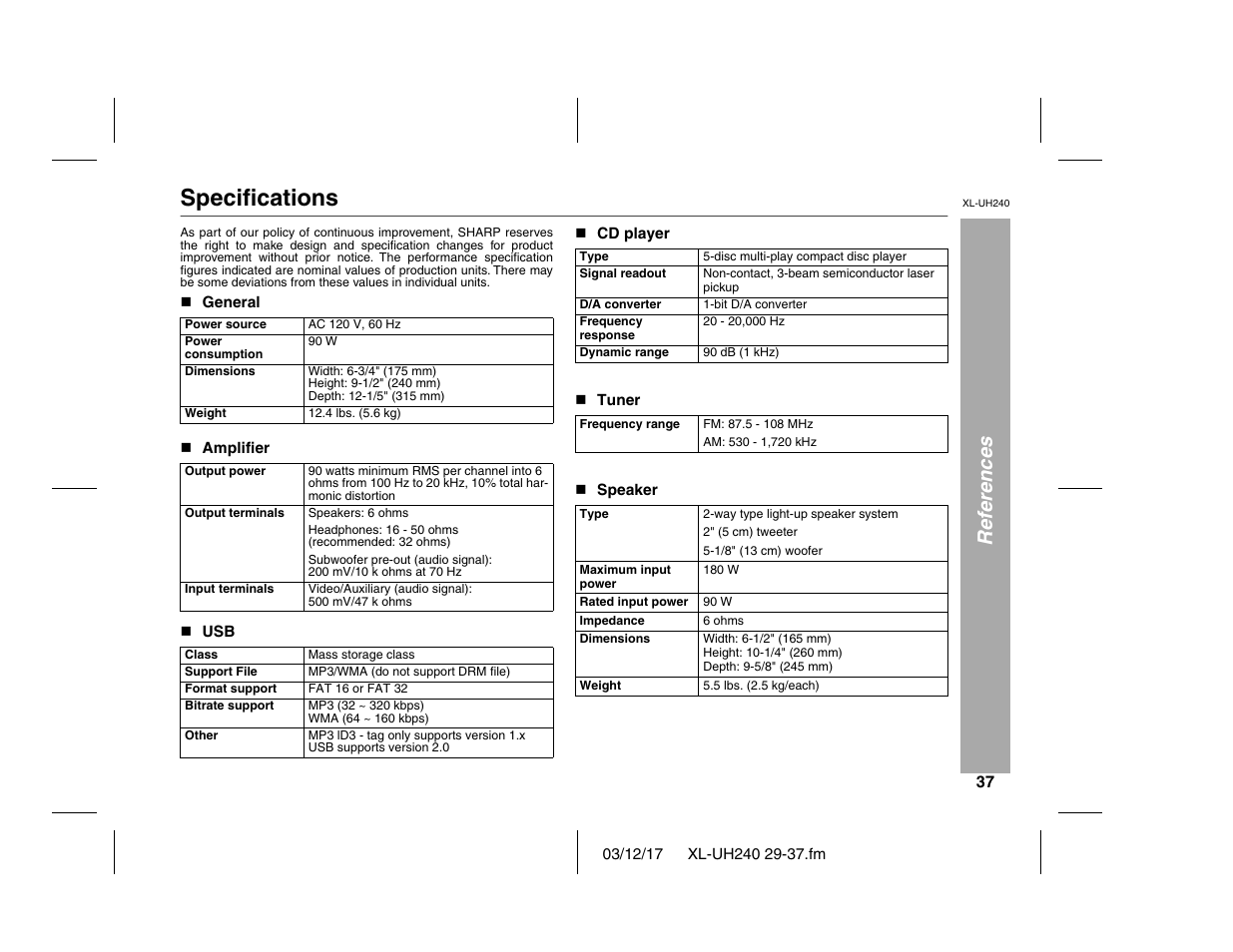 Specifications, References | Sharp XL-UH240 User Manual | Page 37 / 40