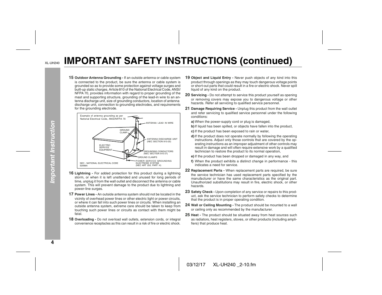 Important safety instructions (continued), Important instruction | Sharp XL-UH240 User Manual | Page 4 / 40