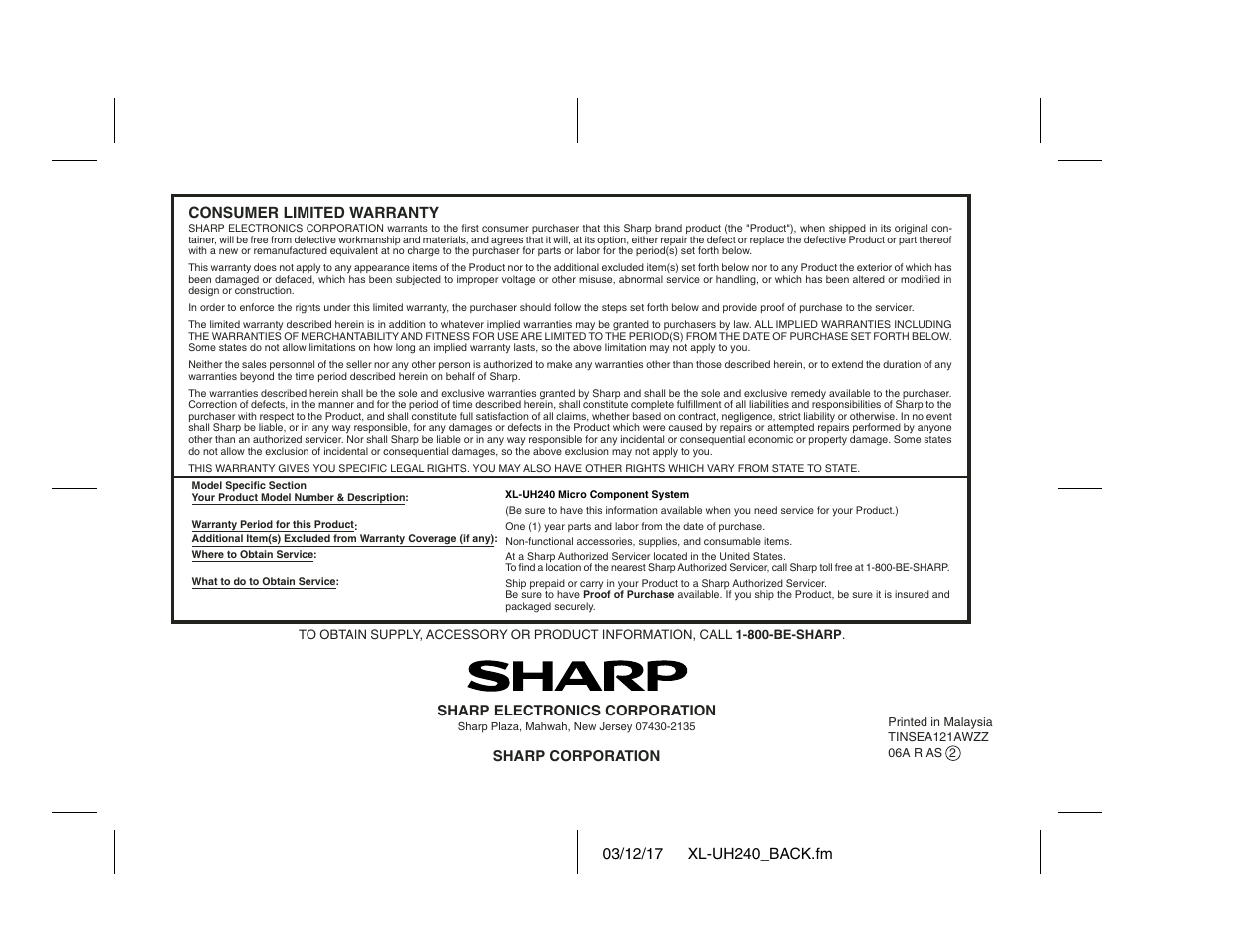 Consumer limited warranty | Sharp XL-UH240 User Manual | Page 40 / 40