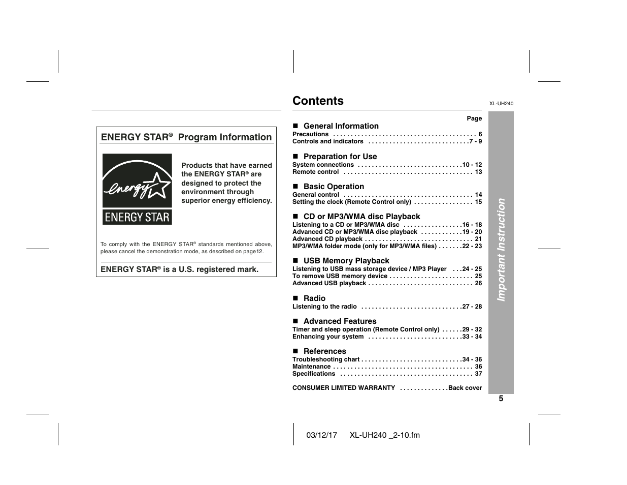 Sharp XL-UH240 User Manual | Page 5 / 40