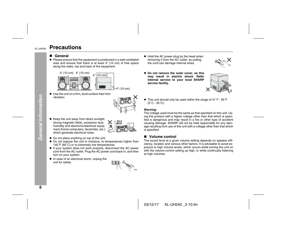 Precautions, General information | Sharp XL-UH240 User Manual | Page 6 / 40