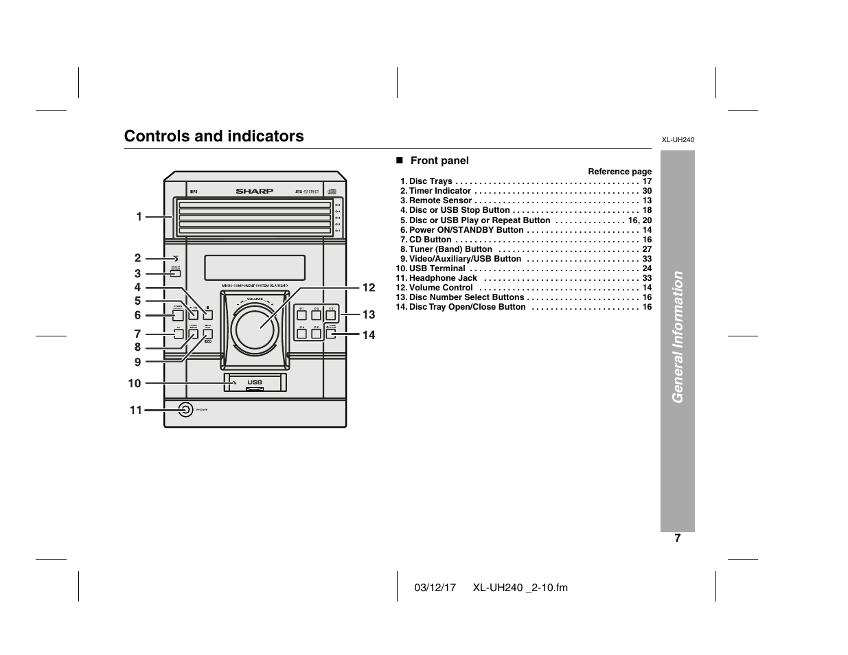 Controls and indicators | Sharp XL-UH240 User Manual | Page 7 / 40