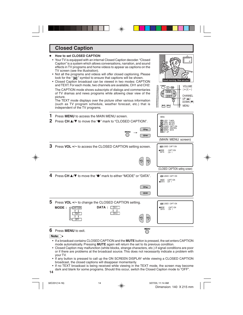 Closed caption | Sharp 36C230 User Manual | Page 14 / 52