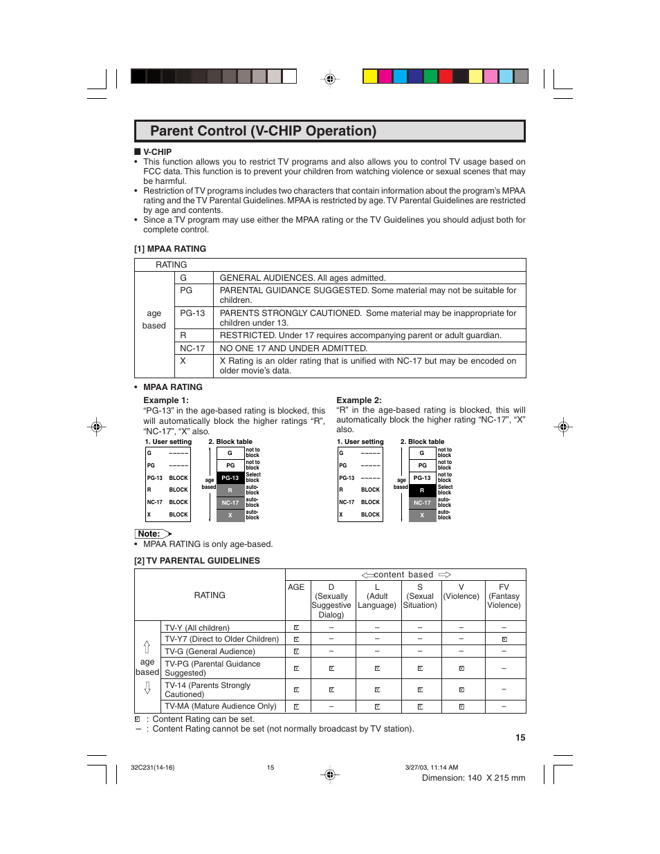 Parent control (v-chip operation) | Sharp 36C230 User Manual | Page 15 / 52