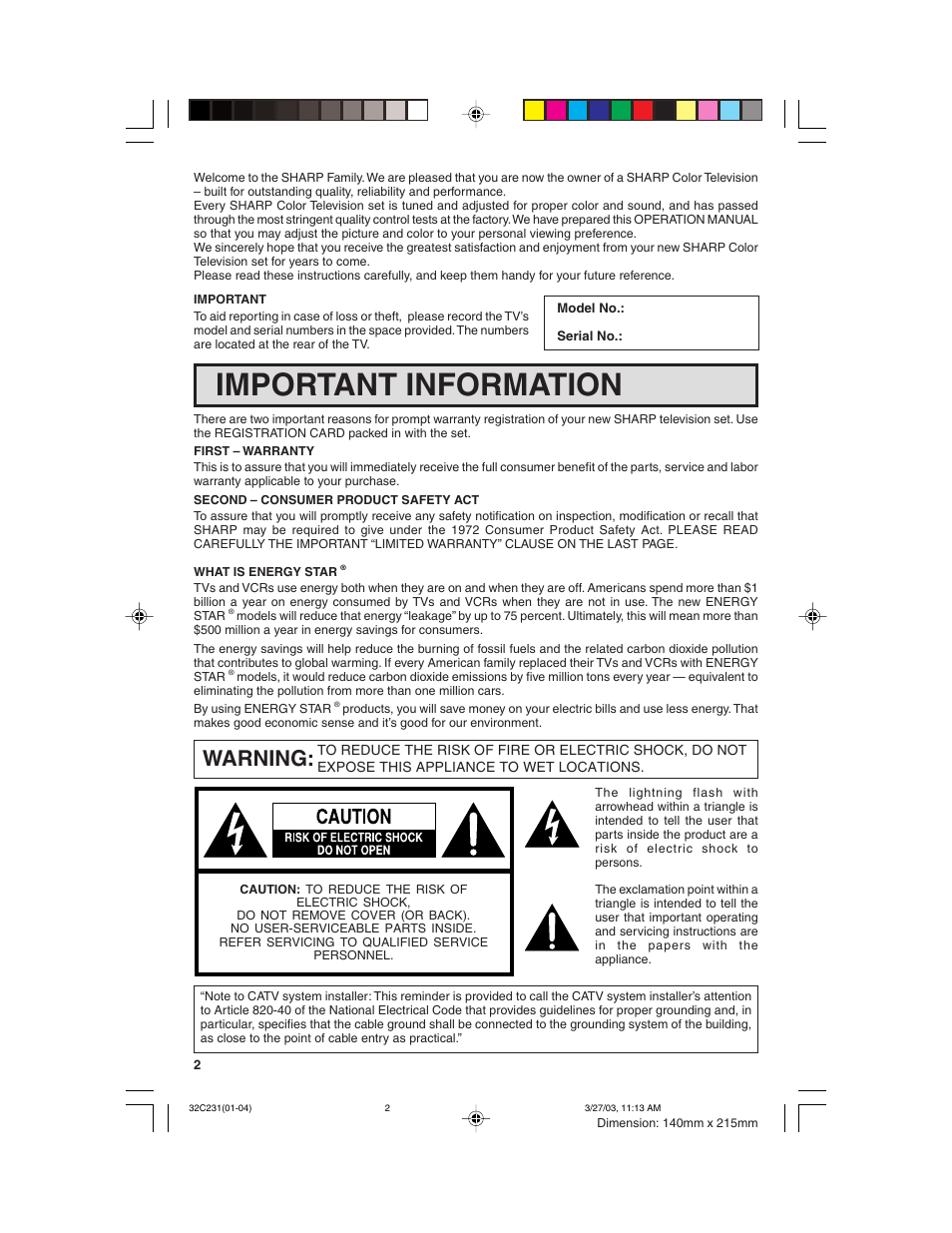 Important information, Warning | Sharp 36C230 User Manual | Page 2 / 52