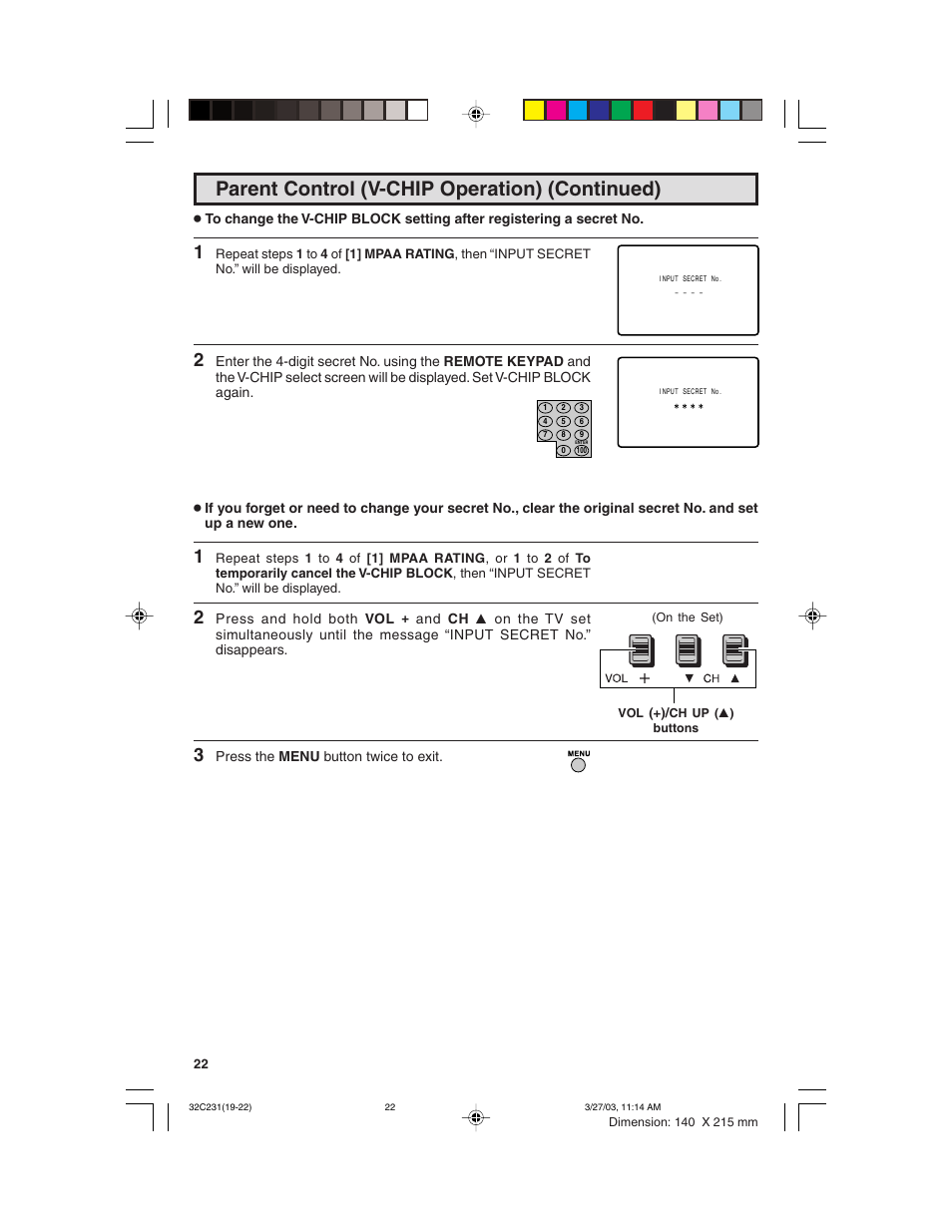 Parent control (v-chip operation) (continued) | Sharp 36C230 User Manual | Page 22 / 52