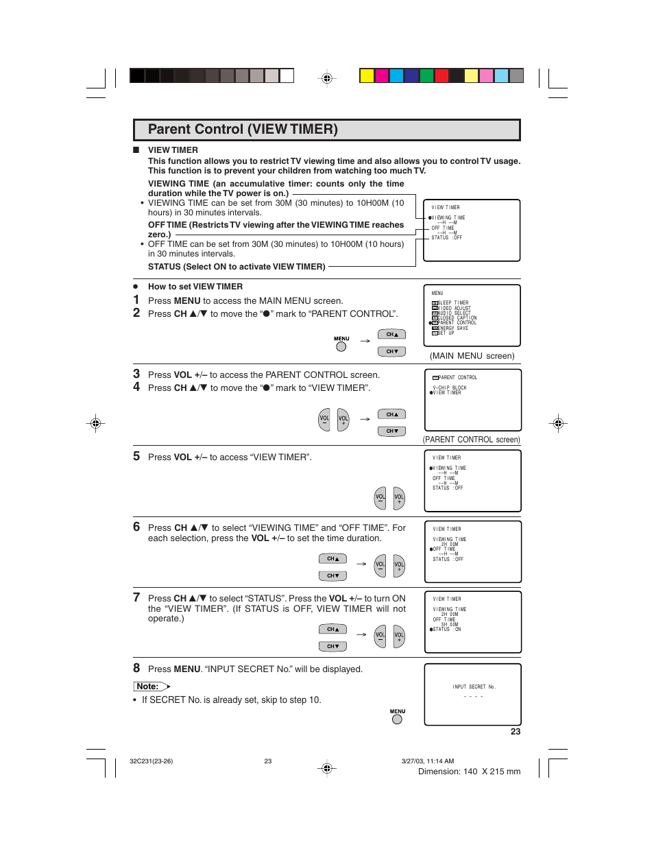 Parent control (view timer), If secret no. is already set, skip to step 10 | Sharp 36C230 User Manual | Page 23 / 52