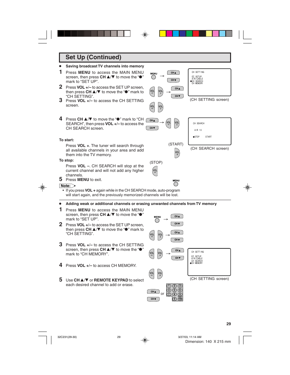 Set up (continued) | Sharp 36C230 User Manual | Page 29 / 52