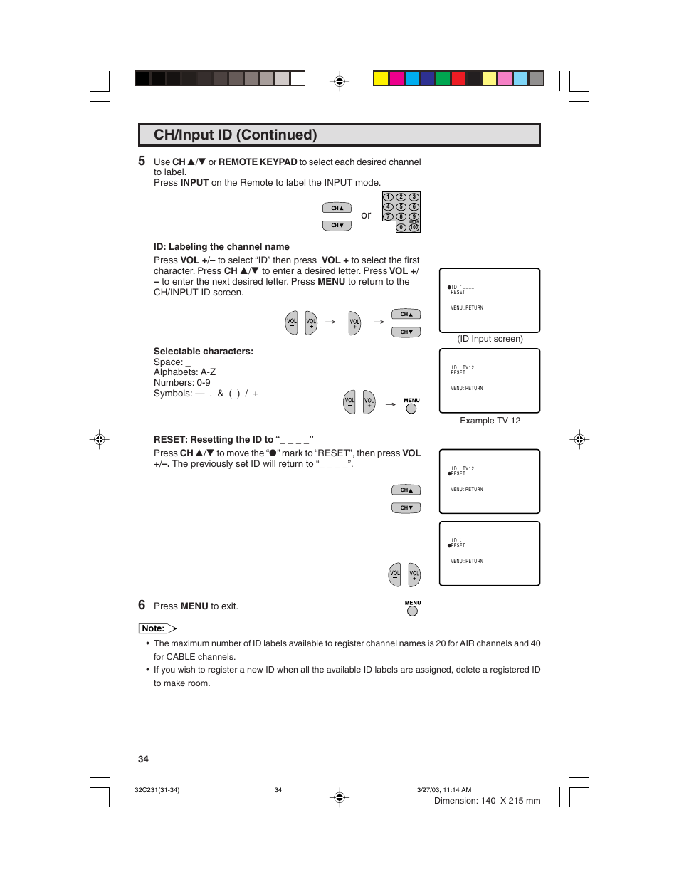 Ch/input id (continued) | Sharp 36C230 User Manual | Page 34 / 52