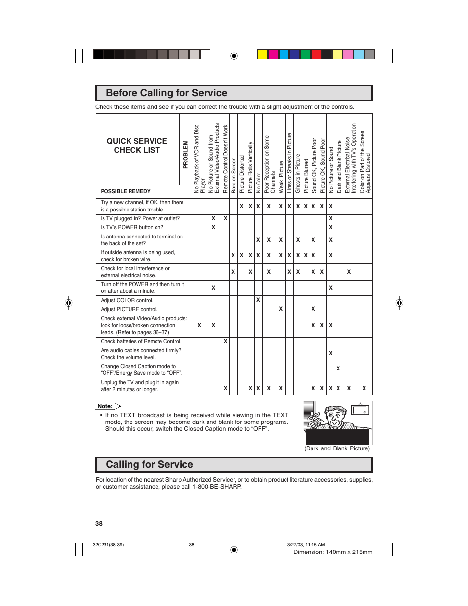 Before calling for service, Calling for service, Quick service check list | Sharp 36C230 User Manual | Page 38 / 52