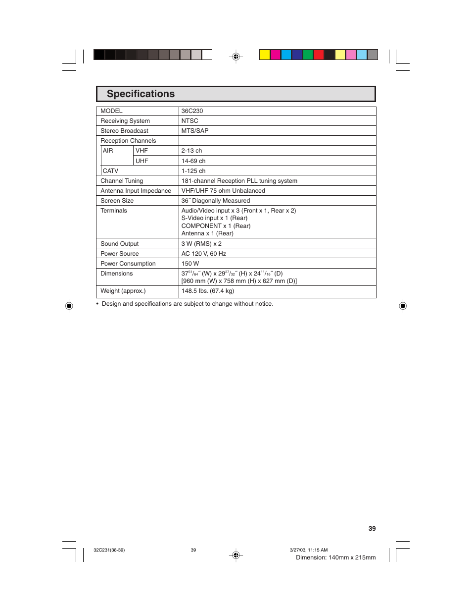 Specifications | Sharp 36C230 User Manual | Page 39 / 52