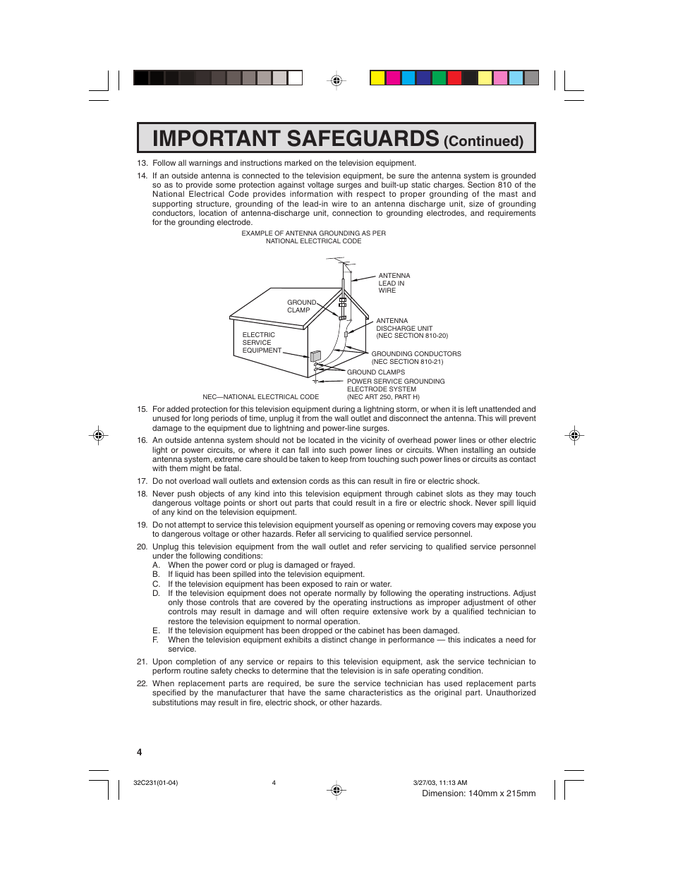 Important safeguards, Continued) | Sharp 36C230 User Manual | Page 4 / 52