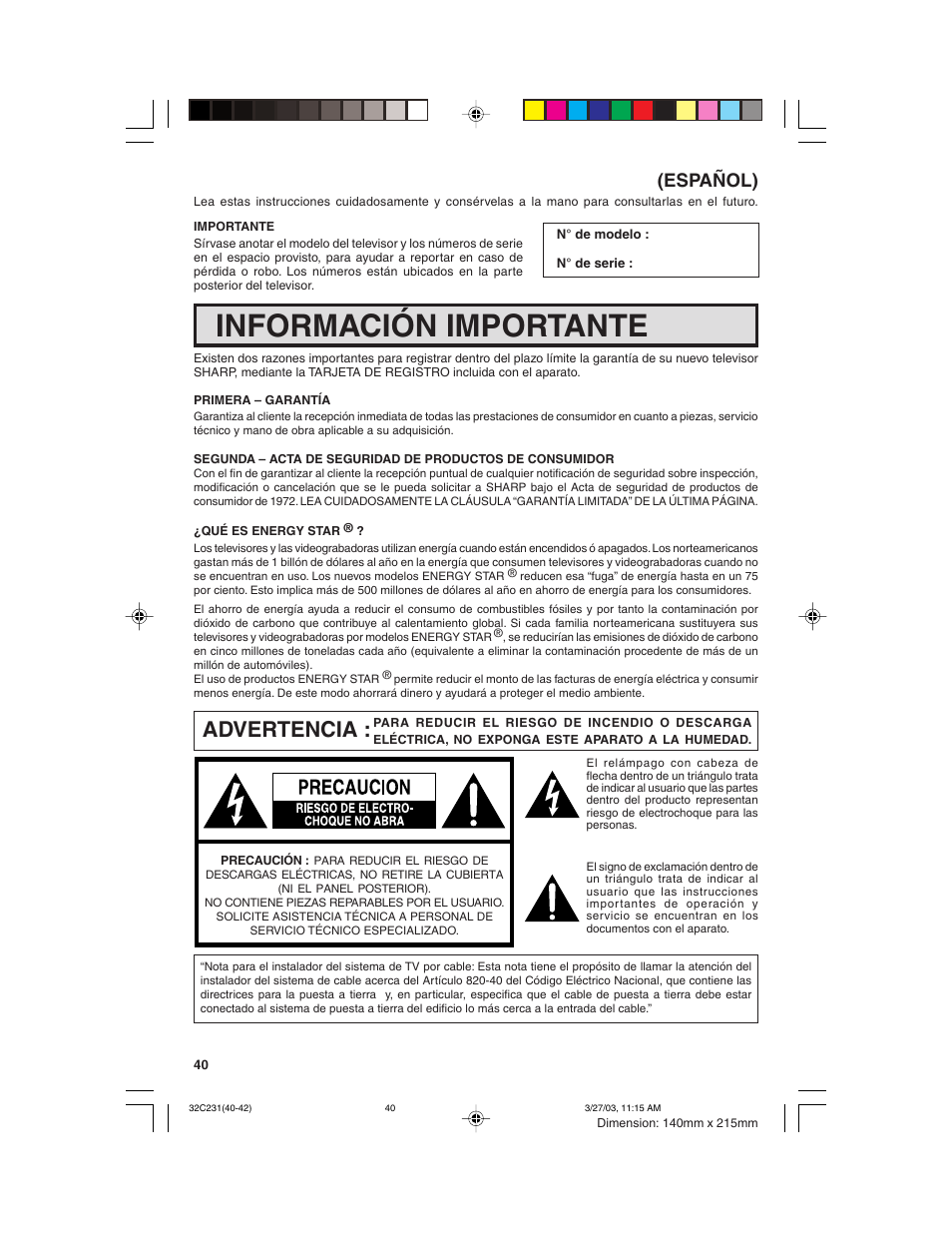 Información importante, Advertencia, Español) | Sharp 36C230 User Manual | Page 40 / 52