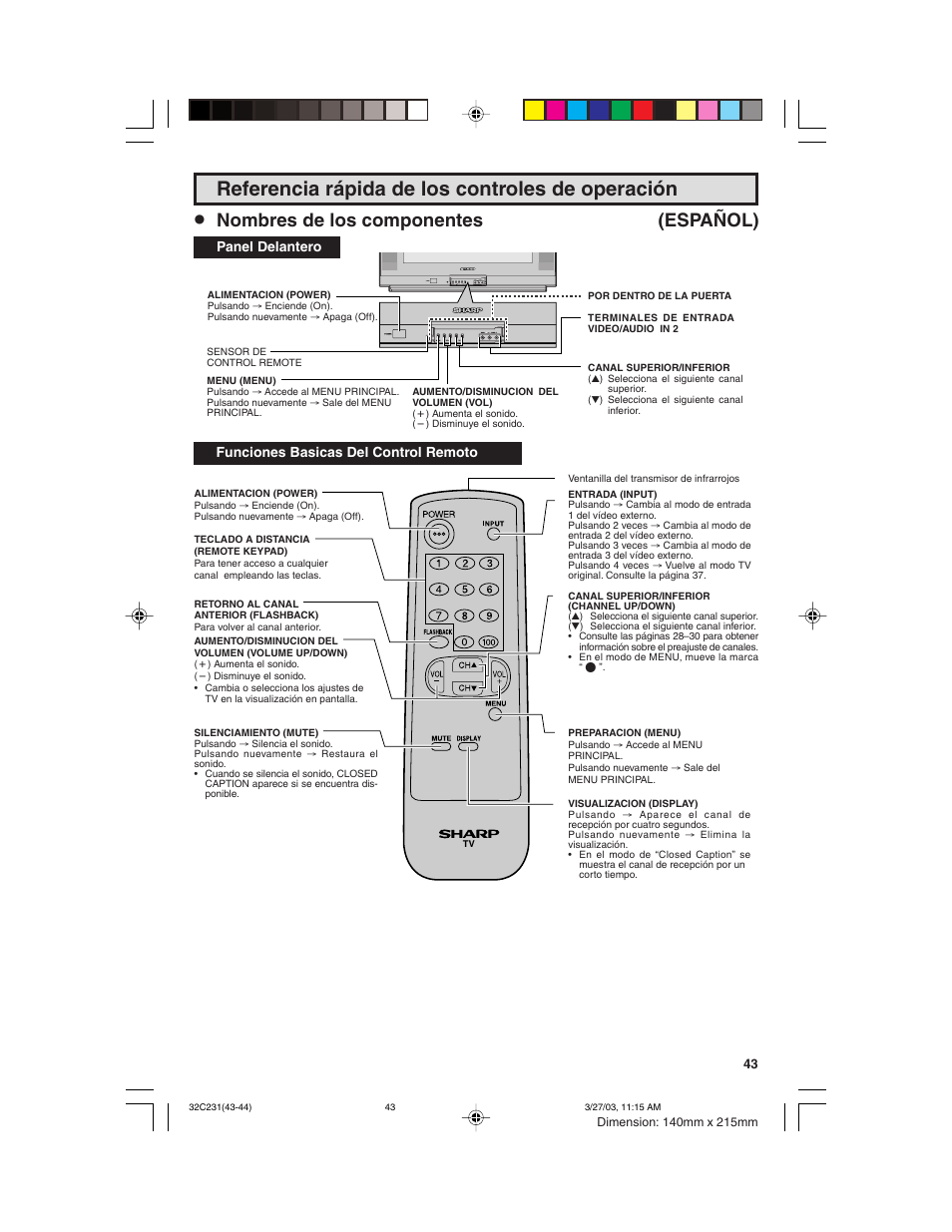 Referencia rápida de los controles de operación, Nombres de los componentes (español) | Sharp 36C230 User Manual | Page 43 / 52