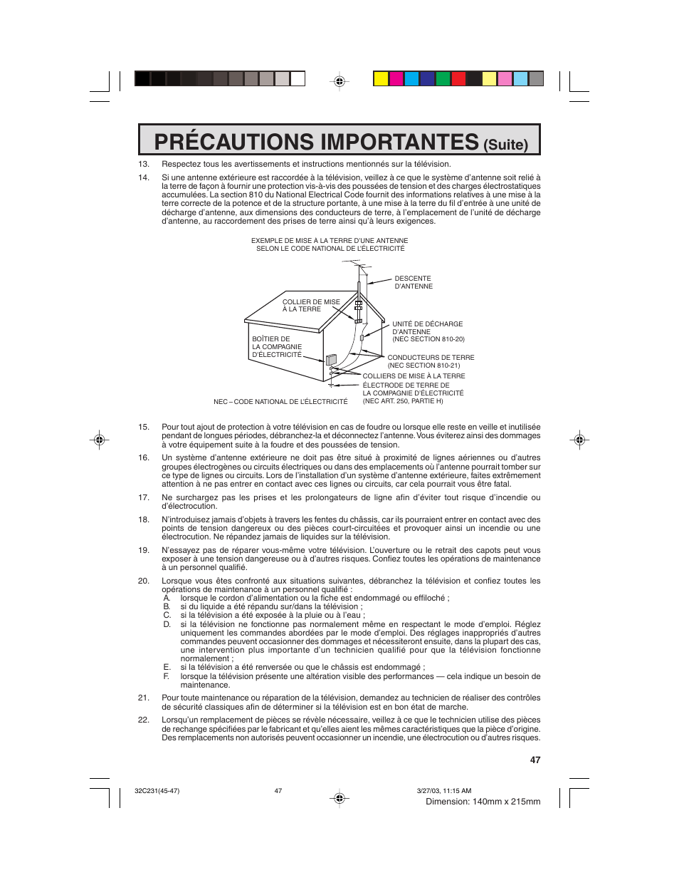 Précautions importantes, Suite) | Sharp 36C230 User Manual | Page 47 / 52