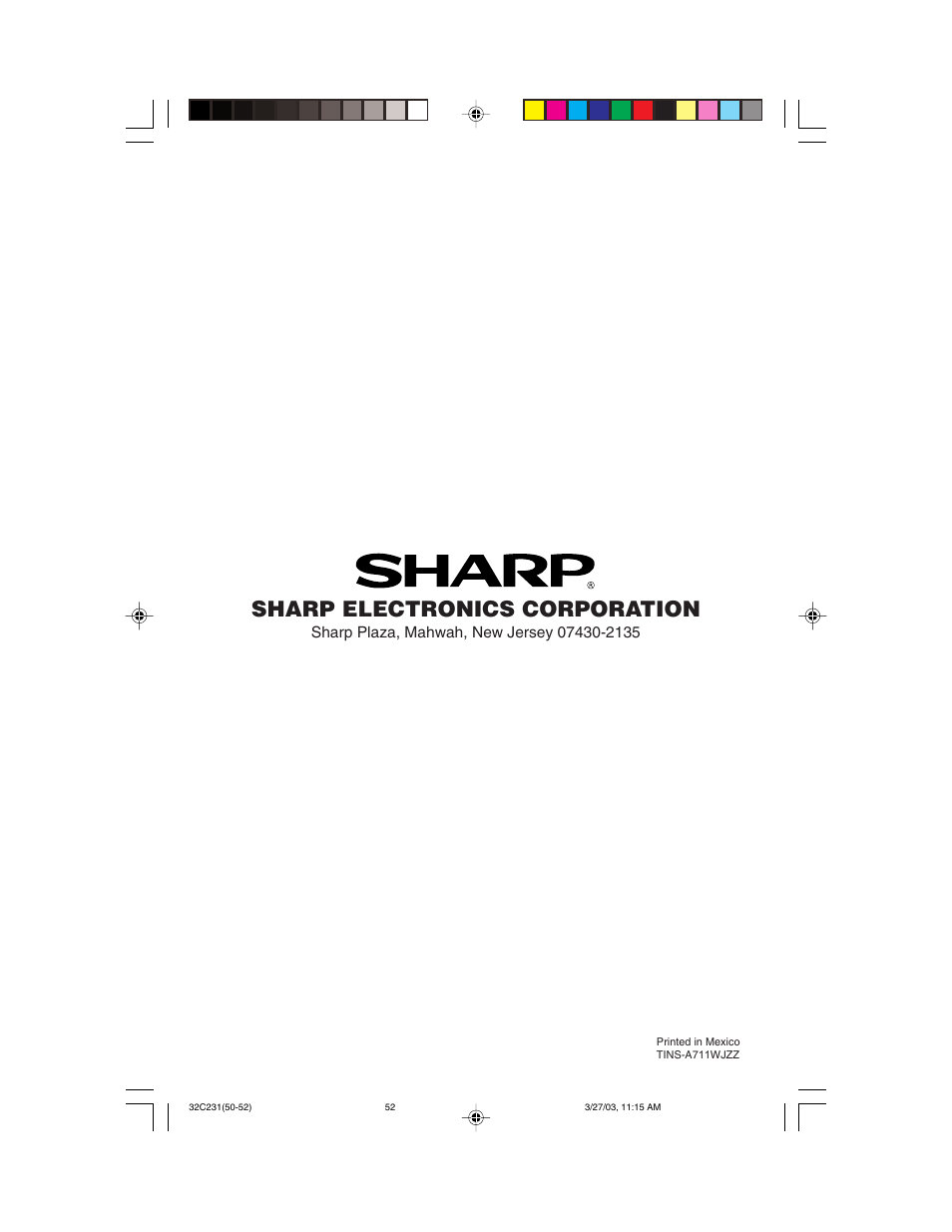 Sharp electronics corporation | Sharp 36C230 User Manual | Page 52 / 52