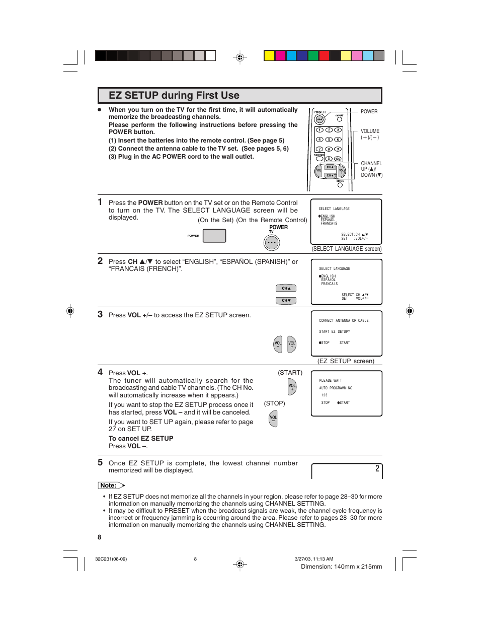 Ez setup during first use | Sharp 36C230 User Manual | Page 8 / 52