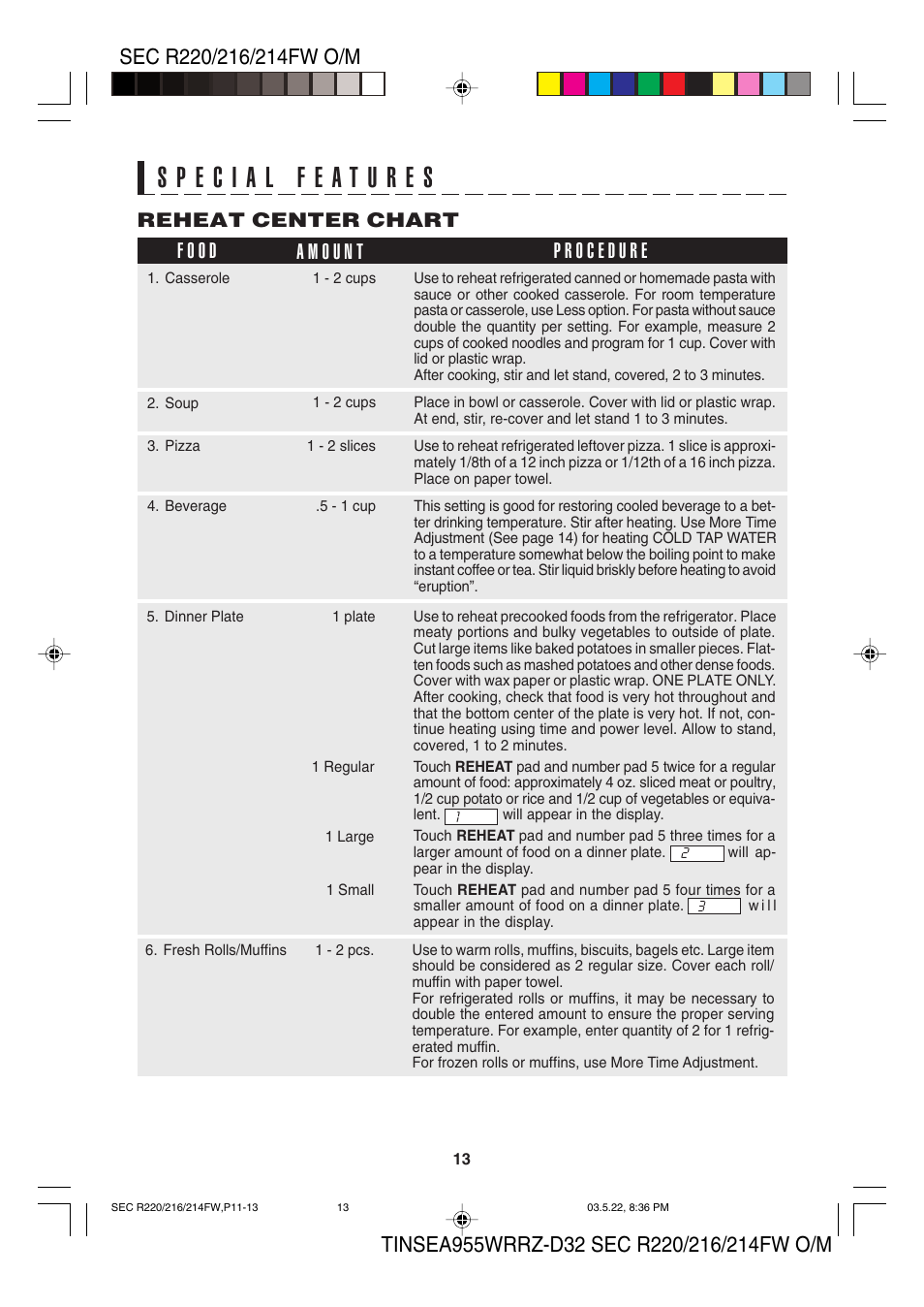 Reheat center chart | Sharp R-220F User Manual | Page 15 / 24