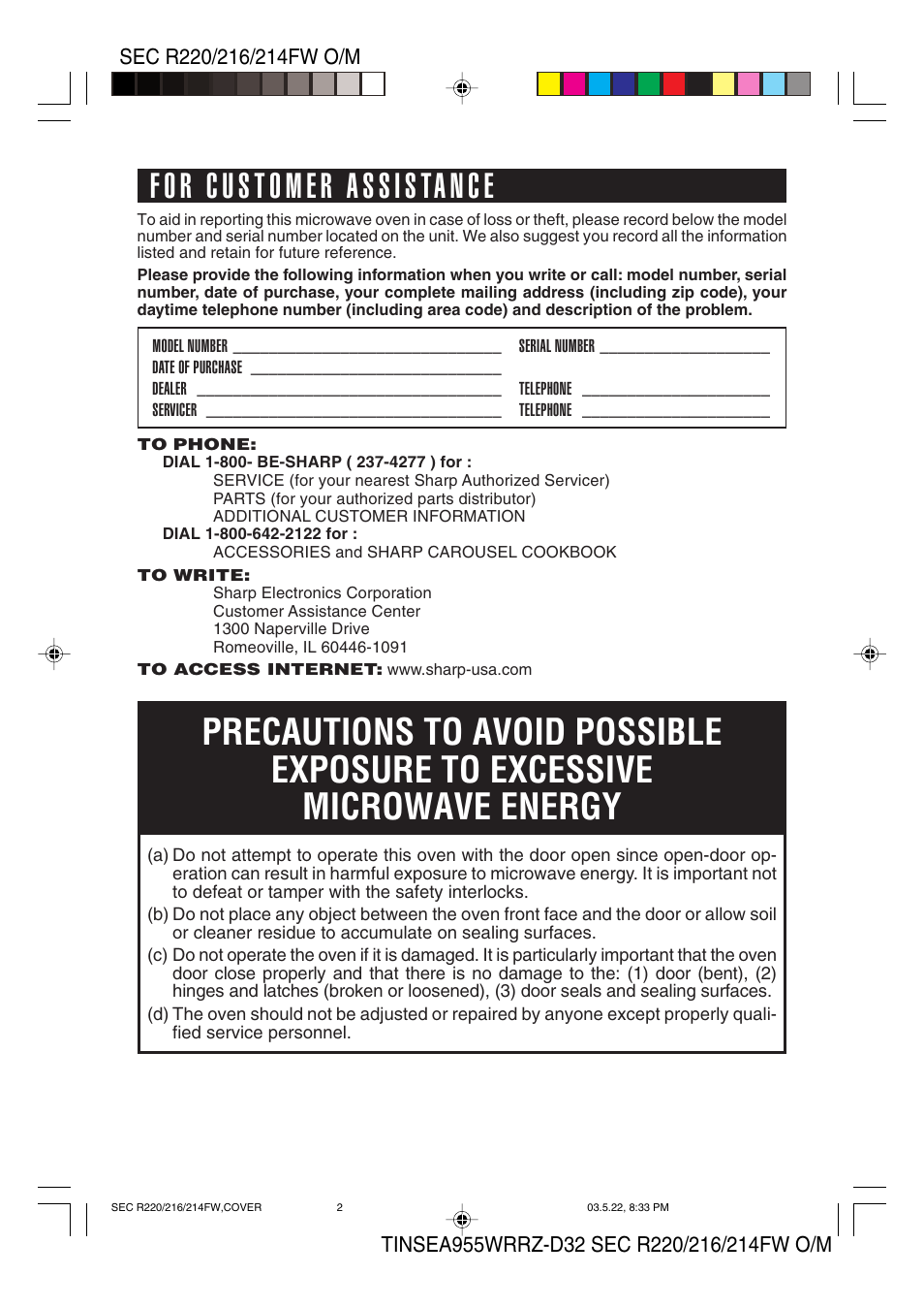 Sharp R-220F User Manual | Page 2 / 24