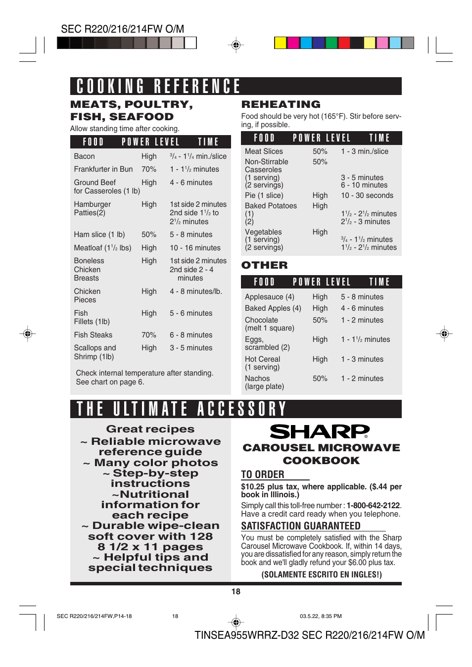 Satisfaction guaranteed, Meats, poultry, fish, seafood, Reheating | Other | Sharp R-220F User Manual | Page 20 / 24