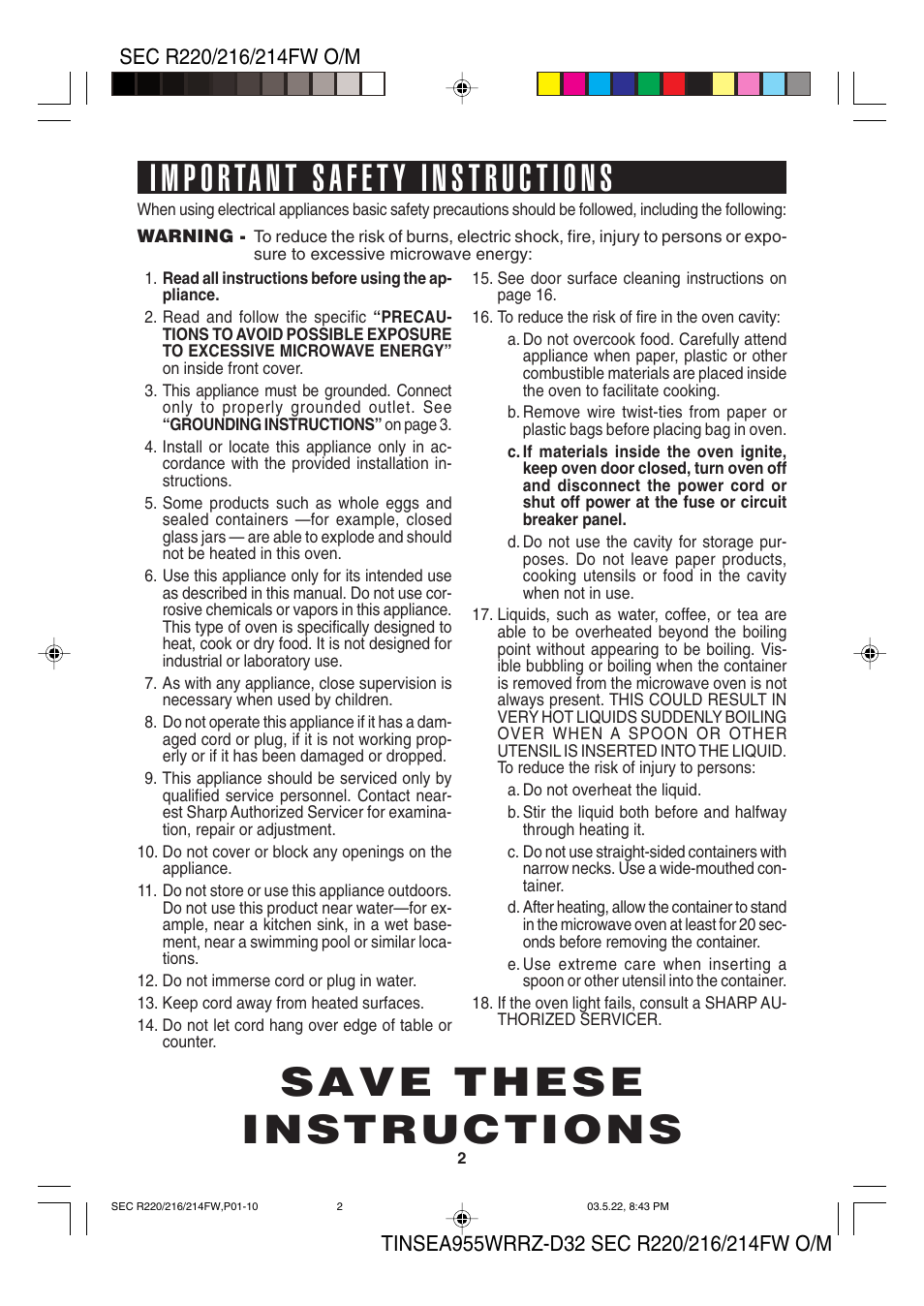 Save these instructions | Sharp R-220F User Manual | Page 4 / 24
