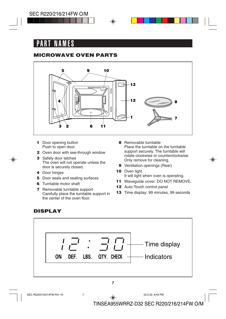 Time display indicators, Def. lbs. qty. check on | Sharp R-220F User Manual | Page 9 / 24