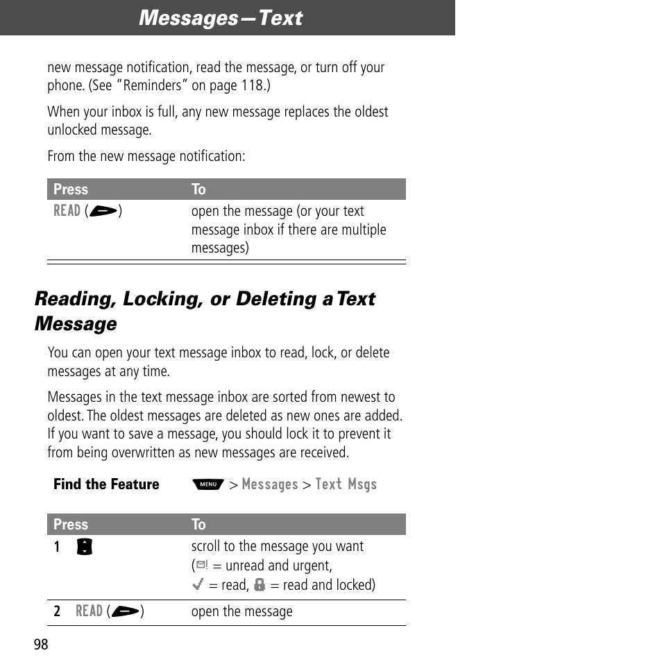 Reading, locking, or deleting a text message, Messages—text | Motorola V60C User Manual | Page 100 / 190