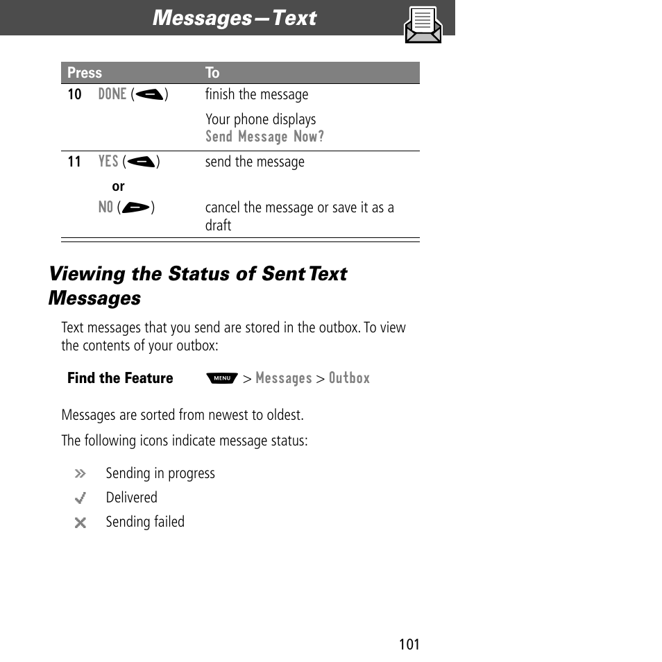 Viewing the status of sent text messages, Messages—text | Motorola V60C User Manual | Page 103 / 190