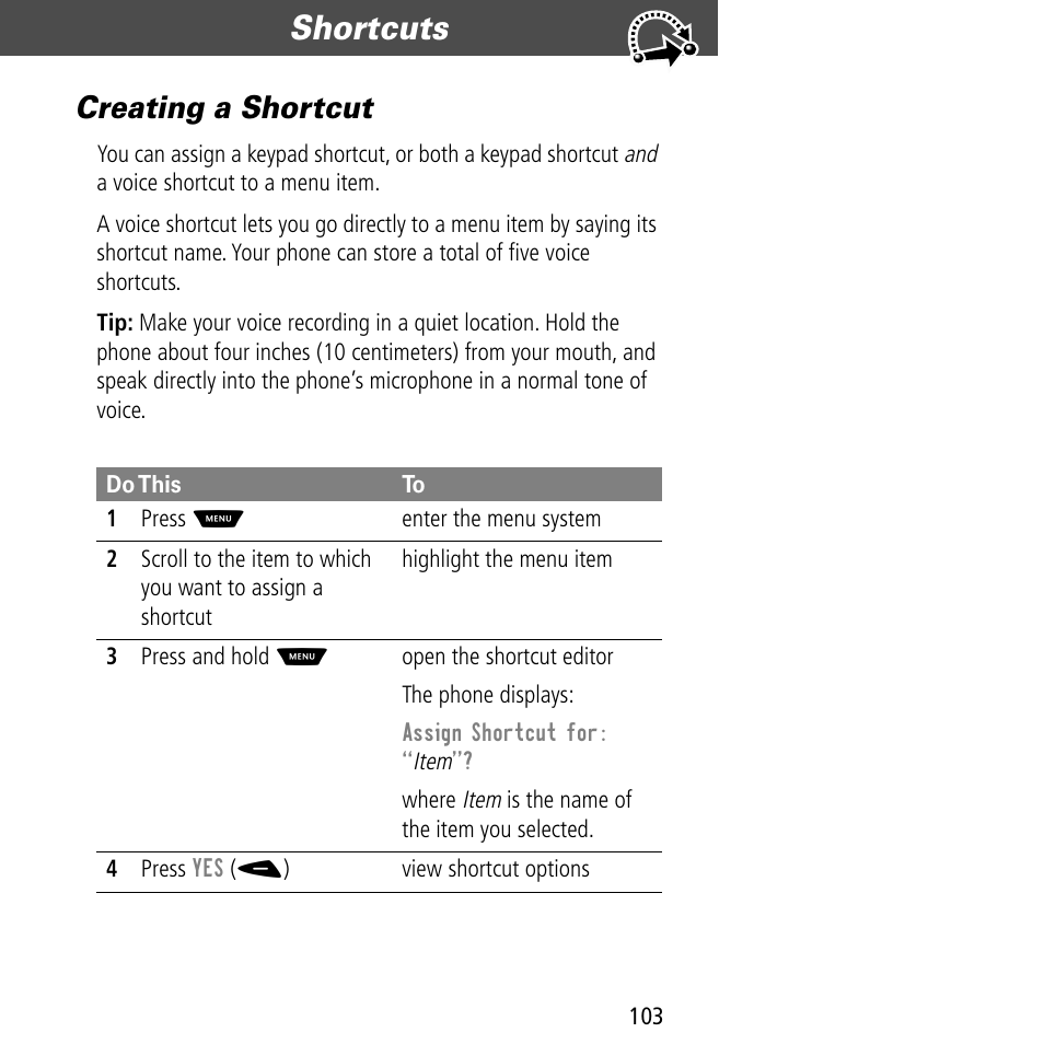 Creating a shortcut, Shortcuts | Motorola V60C User Manual | Page 105 / 190